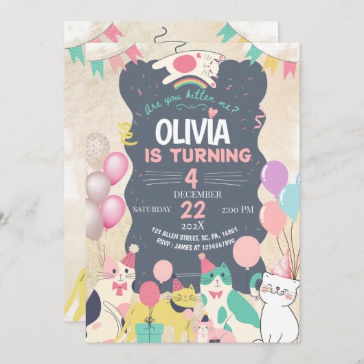 Invitation Cute Kitten / Chat Faisons Pawty Anniversaire (Devant / Derrière)