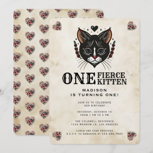 Invitation Cute Kitten Chat Rockabilly Tattoo 1er anniversair (Devant / Derrière)