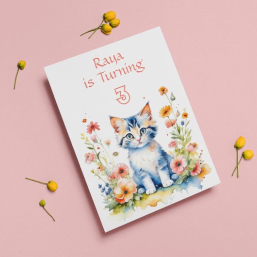 Invitation Cute Kitten en Fleurs Fête d'Anniversaire Fille
