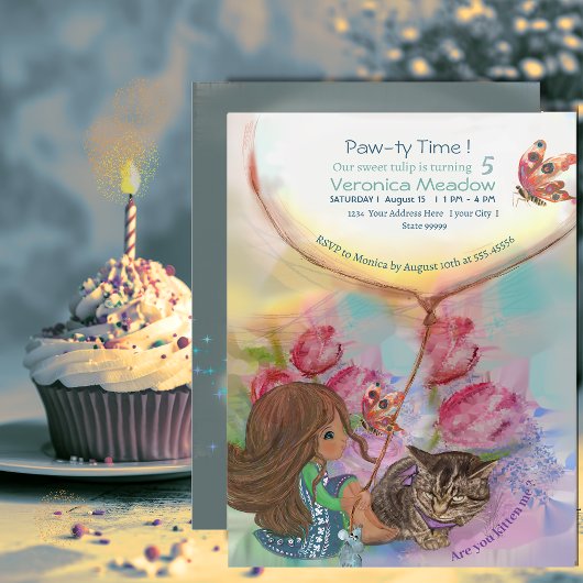 Invitation Cute Kitten Girl tulips Anniversaire