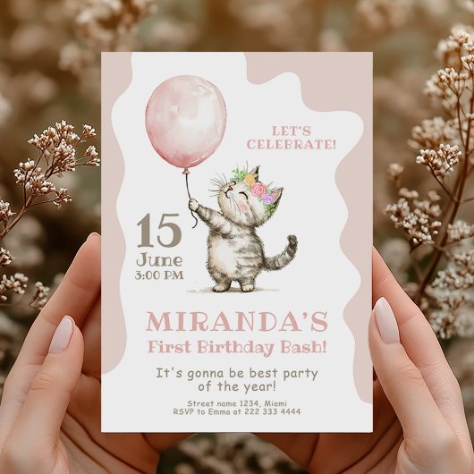 Invitation Cute Kitten Premier Anniversaire Bash.