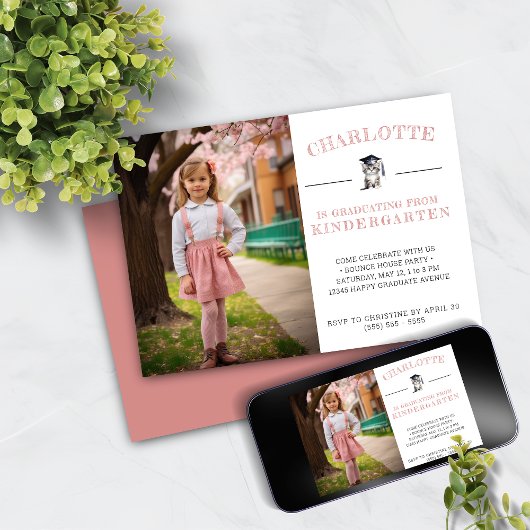 Invitation Cute Kitten Rose Kindergarten Graduation