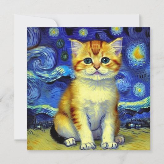 Invitation Cute Kitten Starry Night Van Gogh (Devant)