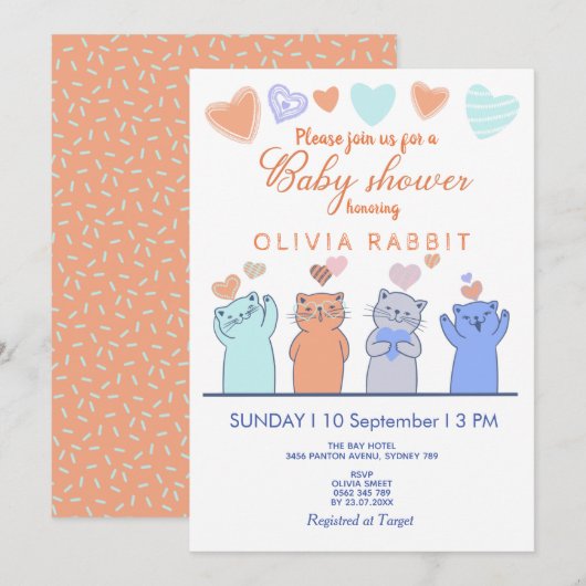 Invitation Cute Kittens Coeurs Baby shower bleu rose (Devant / Derrière)