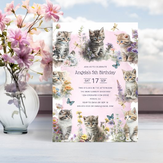Invitation Cute Kittens Fleur sauvage Custom 5e fête d'annive