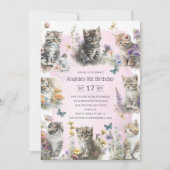 Invitation Cute Kittens Fleur sauvage Custom 5e fête d'annive (Devant)