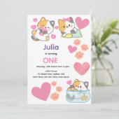Invitation Cute kitty avec le coeur bébé anniversaire fille (Debout devant)