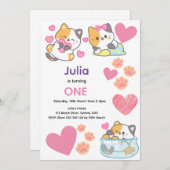 Invitation Cute kitty avec le coeur bébé anniversaire fille (Devant / Derrière)