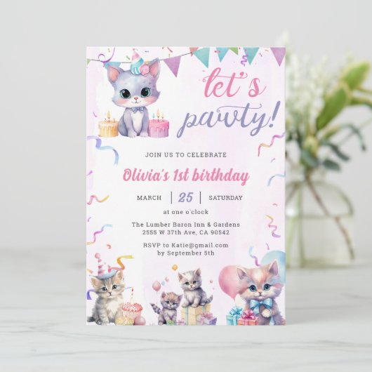 Invitation Cute Kitty Chat 1er fête d'anniversaire (Debout devant)