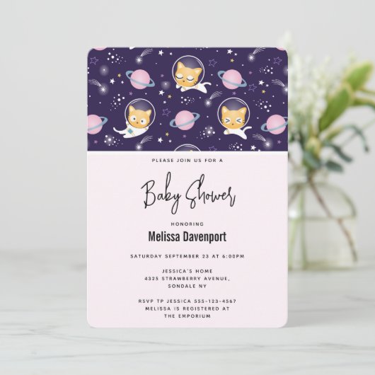 Invitation Cute Kitty Chat Astronauts Baby shower Motif (Debout devant)