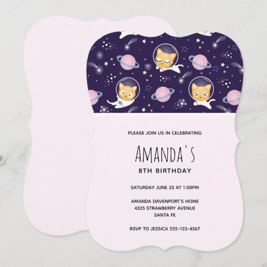 Invitation Cute Kitty Chat Astronauts Motif Anniversaire (Devant / Derrière)