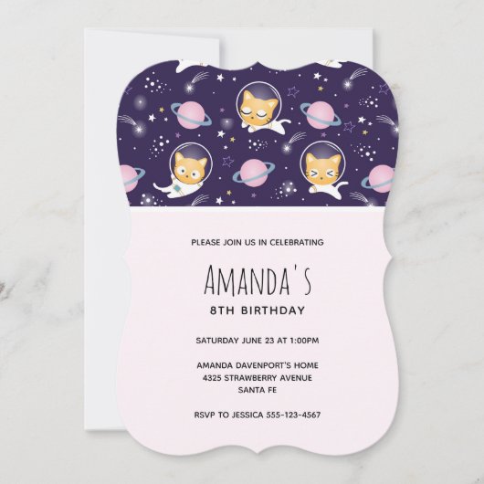 Invitation Cute Kitty Chat Astronauts Motif Anniversaire (Devant)