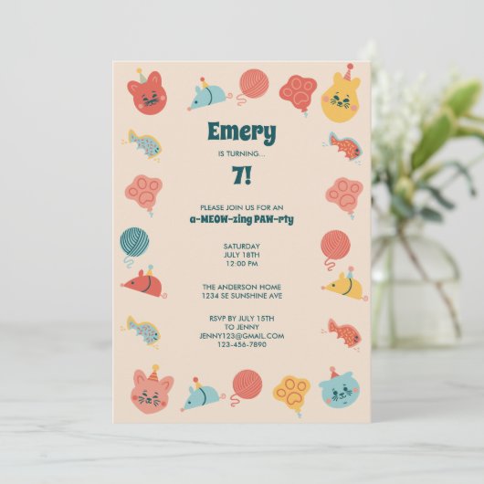 Invitation Cute Kitty Chat Fête d'anniversaire pour enfants (Debout devant)