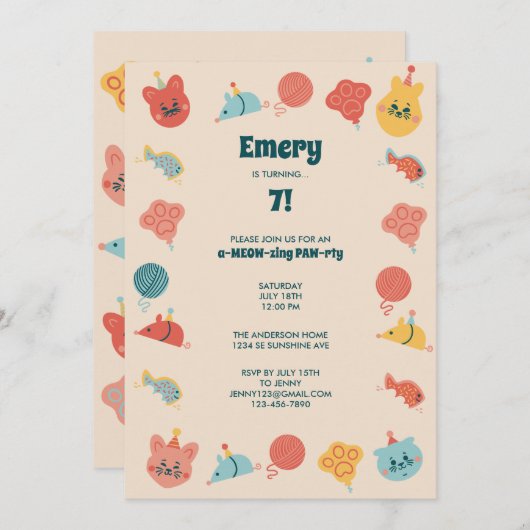 Invitation Cute Kitty Chat Fête d'anniversaire pour enfants (Devant / Derrière)