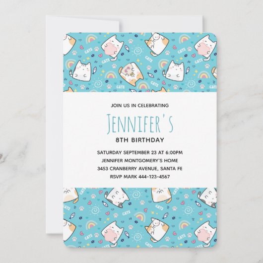 Invitation Cute Kitty Chat Motif Whimsical Anniversaire (Devant)