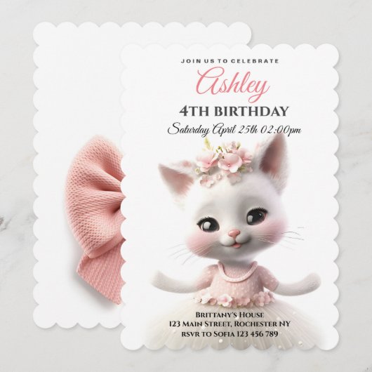 Invitation Cute Kitty en robe rose (Devant / Derrière)