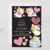 Invitation Cute kitty girls 2e anniversaire noir (Devant)