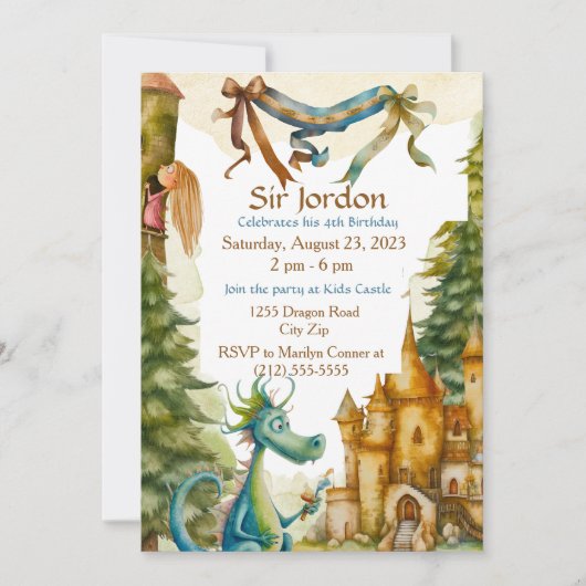 Invitation Cute Knight Dragon Castle Anniversaire Fête Enfant (Devant)
