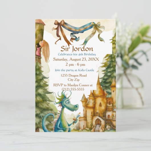 Invitation Cute Knight Dragon Castle Birthday Party Kids (Debout devant)