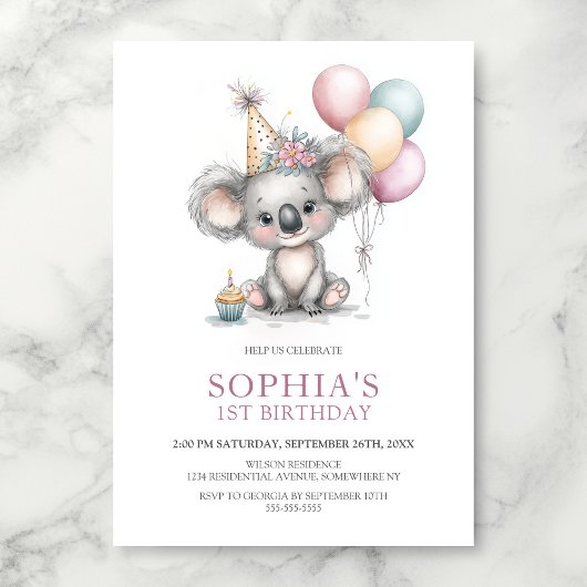 Invitation Cute Koala 1st Birthday Party