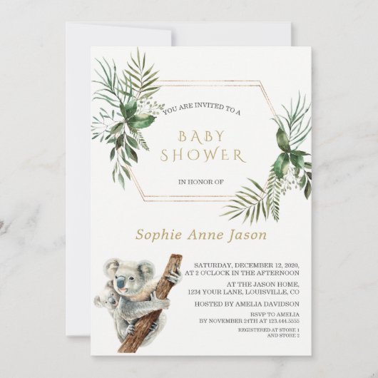 Invitation Cute Koala Aquarelle Verdure Baby shower Or (Devant)