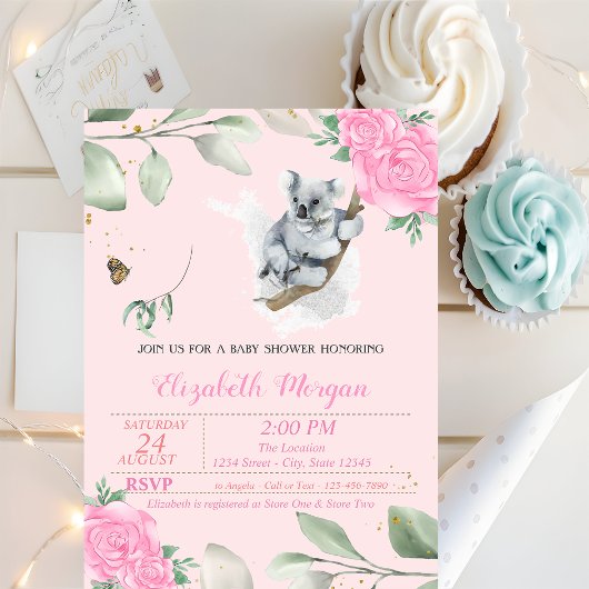 Invitation Cute Koala Bear, Feuilles, Baby shower Floral