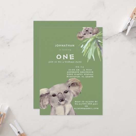 Invitation Cute Koala Bear Hang Out avec moi Anniversaire (Devant/Arrière en situation)