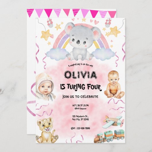 Invitation  Cute koala  Birthday pink (Devant / Derrière)