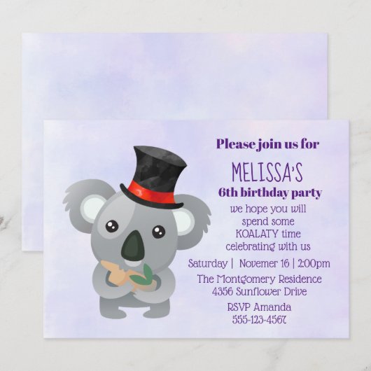Invitation Cute Koala dans un chapeau noir fête d'anniversair (Devant / Derrière)