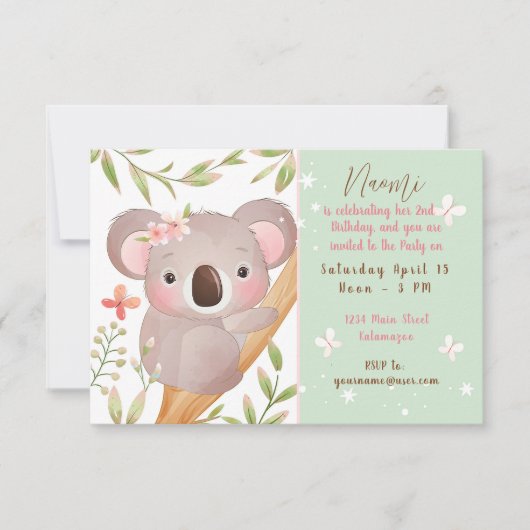 Invitation Cute Koala Fête d'anniversaire enfant sur mesure (Devant)