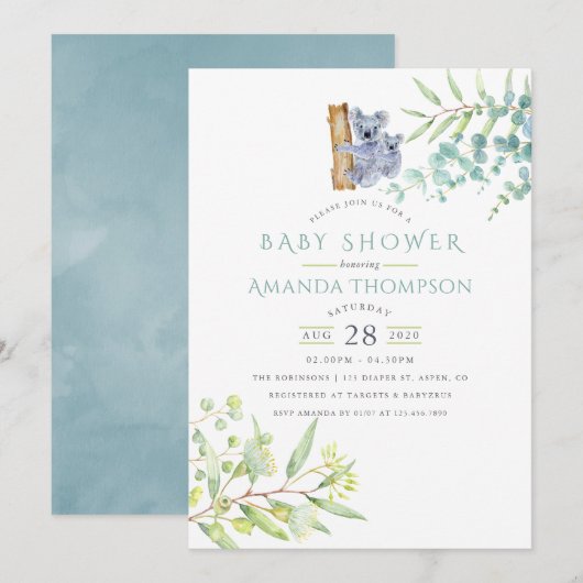 Invitation Cute Koala Oear Eucalyptus Baby shower Feuille (Devant / Derrière)