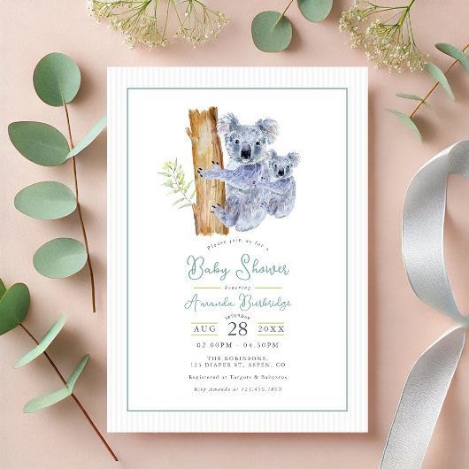 Invitation Cute Koala Oear Eucalyptus Baby shower Feuille