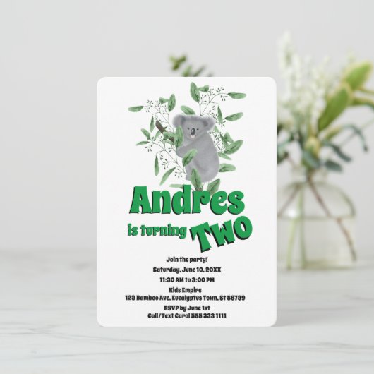 Invitation Cute Koala Oear Eucalyptus Tree 2e anniversaire (Debout devant)