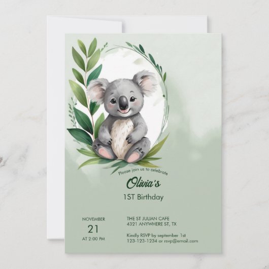Invitation Cute Koala Ours Aquarelle Vert Anniversaire (Devant)