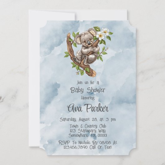 Invitation Cute Koala Ours bleu Baby shower peint (Devant)