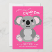Invitation Cute Koala Ours Enfants 1er anniversaire fête rose (Devant)