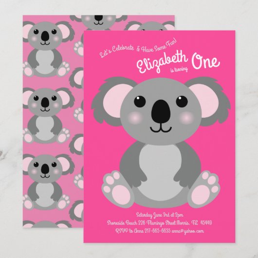 Invitation Cute Koala Ours Enfants 1er anniversaire fête rose (Devant / Derrière)