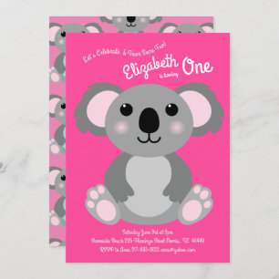 Invitation Cute Koala Ours Enfants 1er anniversaire fête rose