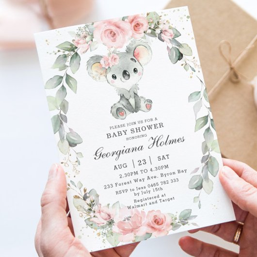 Invitation Cute Koala Rose Baby shower Floral Sage Vert