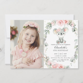 Invitation Cute Koala Rose Floral Vert Anniversaire Photo
