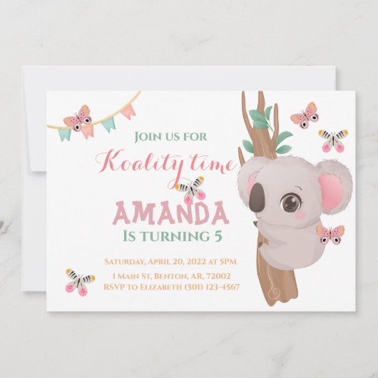 Invitation Cute koality time koala ours rose turquoise animal (Devant)
