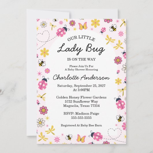Invitation Cute Lady Bug Pink Girl Baby Shower (Devant)