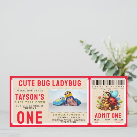 Invitation Cute Ladybug 1er anniversaire | Billet de thème de (Debout devant)