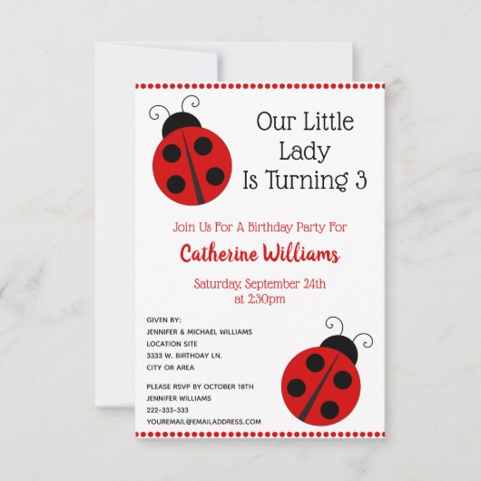 Invitation Cute Ladybug Polka Dot Little Girl Birthday Party (Devant)