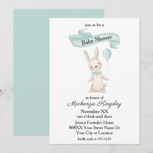 Invitation Cute lapin farci avec Baby shower Turquoise de bal (Devant / Derrière)