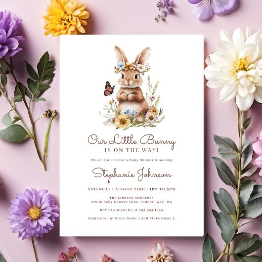 Invitation Cute Lapin Lapin Baby shower Floral Printemps