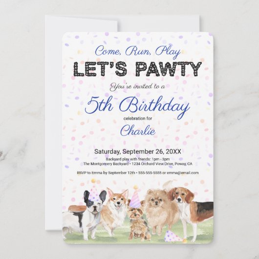 Invitation Cute Let's Pawty Blue Custom Chig fête d'anniversa (Devant)