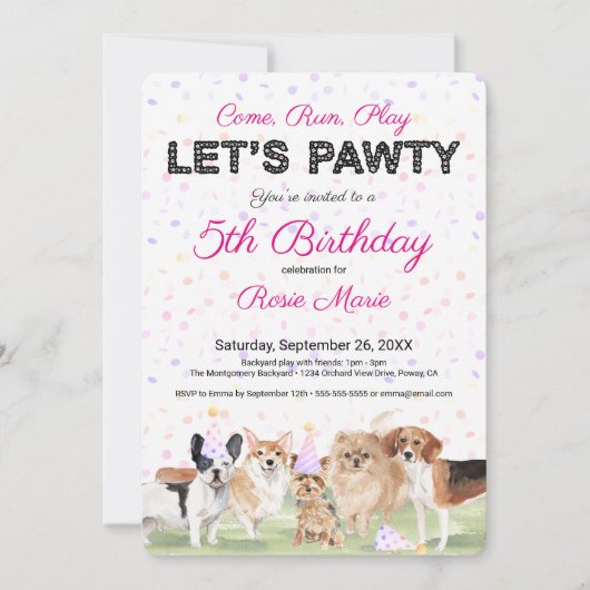 Invitation Cute Let's Pawty Rose Custom Chig fête d'anniversa (Devant)