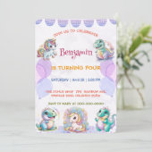 Invitation Cute licorne Dinosaur ami arc-en-ciel Enfants d'an (Debout devant)