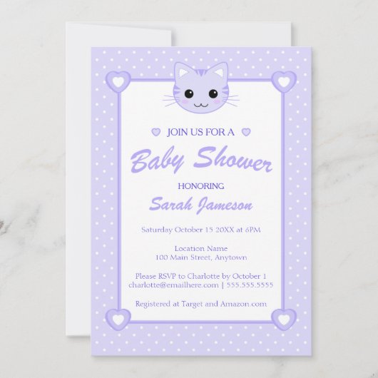 Invitation Cute Lilac Purple Cartoon Chat Kitten Baby shower (Devant)